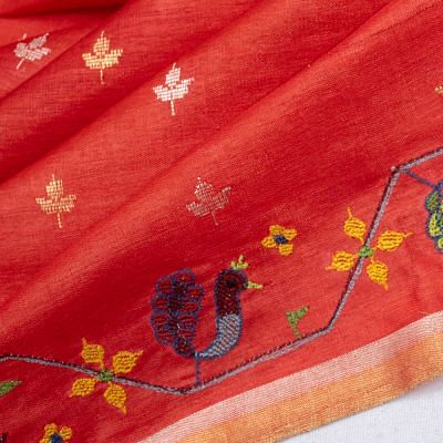 Pure Tussar Butta Red Saree With Embroidery