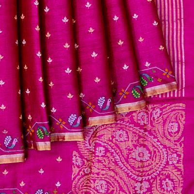 Pure Tussar Butta Rani Pink Saree With Embroidery