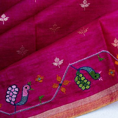 Pure Tussar Butta Rani Pink Saree With Embroidery