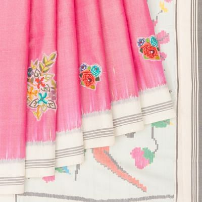 Rajkot Patola Silk Ikat Embroidery Butta Baby Pink Saree