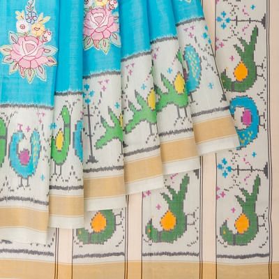 Rajkot Patola Silk Ikat Pastel Blue Saree With Attached Embroidery Patch