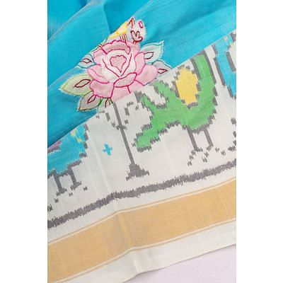 Rajkot Patola Silk Ikat Pastel Blue Saree With Attached Embroidery Patch