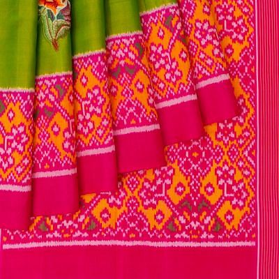 Rajkot Patola Silk Ikat Embroidery Butta Parrot Green Saree