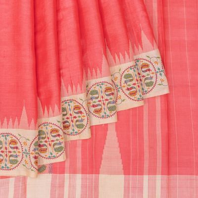 Pure Tussar Plain Peach Saree With Embroidery Border