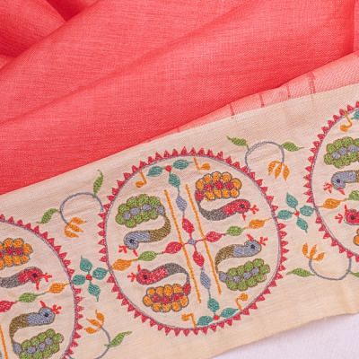 Pure Tussar Plain Peach Saree With Embroidery Border