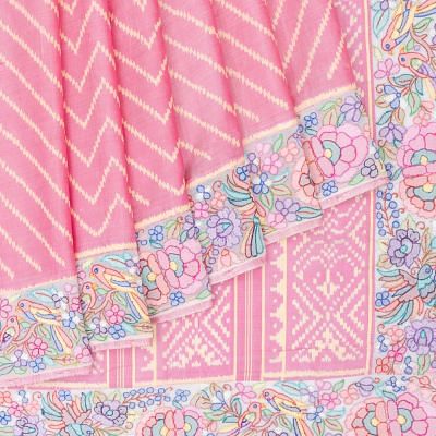 Rajkot Patola Silk Ikat Baby Pink Saree With Attached Kantha Work