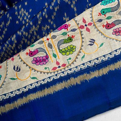 Rajkot Patola Silk Ikat Royal Blue Saree With Embroidery Border