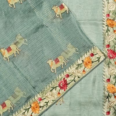 Organza Pichwai Embroidery Butta Blue Saree