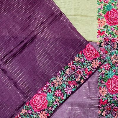 Organza Horizontal Lines Half And Half Cream And Purple Saree