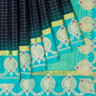 Kanchipuram Silk Checks Dark Blue Saree With Embroidery Border