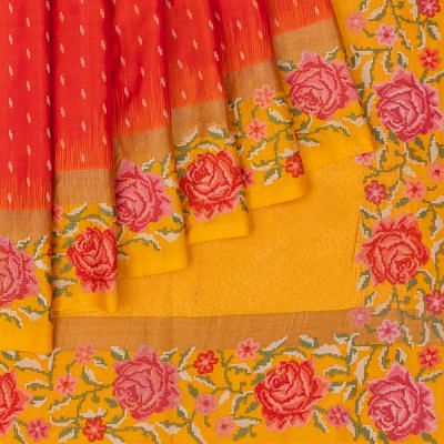 Kanchipuram Silk Brocade Orange Saree With Embroidery Border