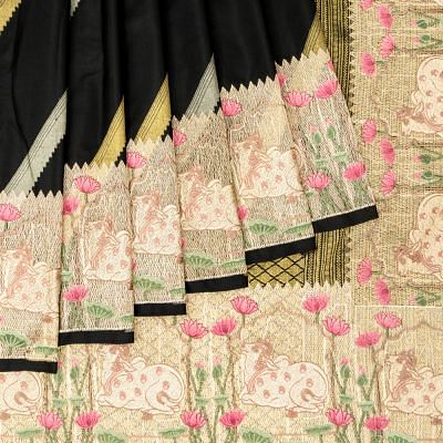 Kanchipuram Silk Lehariya Black Saree With Embroidery Border