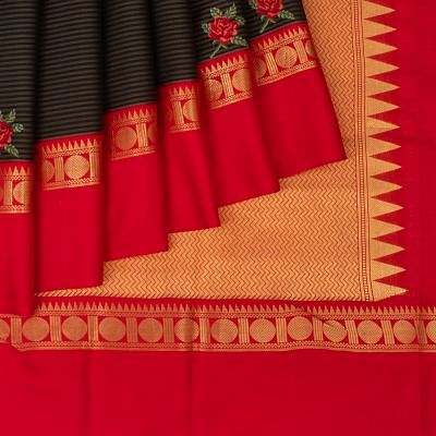 Kanchipuram Silk Horizontal Lines And Embroidery Butta Black Saree