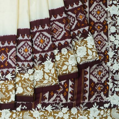 Rajkot Patola Silk Ikat White And Coffee Brown Saree With Embroidery Border