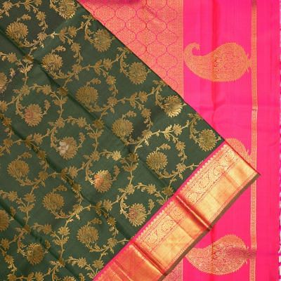 Kanchipuram Silk Jaal Dark Green Saree