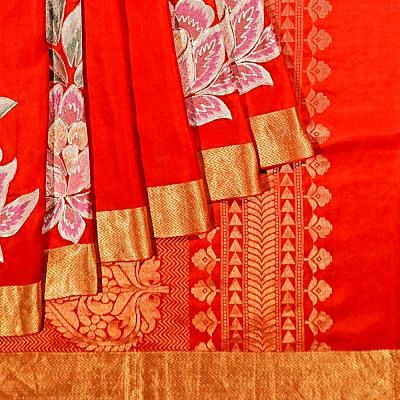 Kanchipuram Silk Plain Red Saree With Embroidery