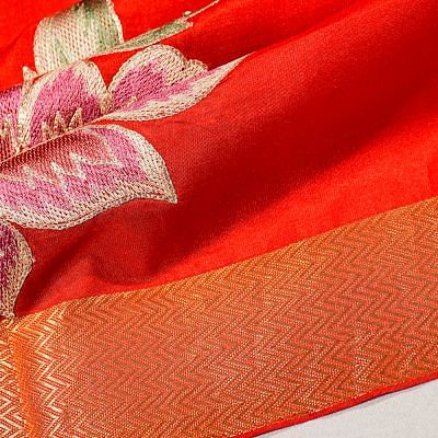 Kanchipuram Silk Plain Red Saree With Embroidery