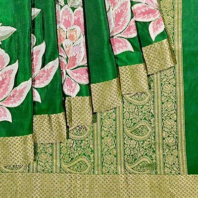 Kanchipuram Silk Plain Dark Green Saree With Embroidery