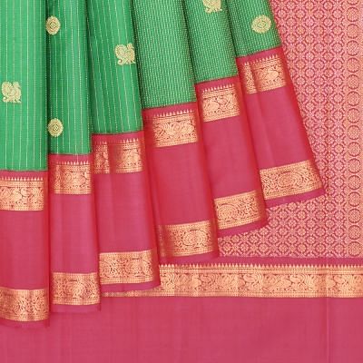 Kanchipuram Silk Vertical Lines And Butta Dark Green Saree