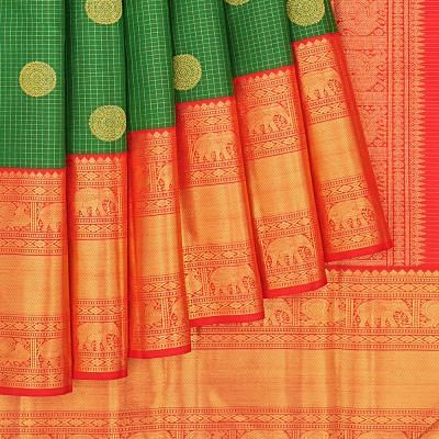 Kanchipuram Silk Checks And Butta Dark Green Saree