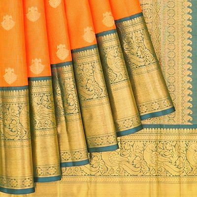 Kanchipuram Silk Checks And Butta Orange Saree