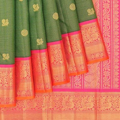 Kanchipuram Silk Checks And Butta Dark Green Saree