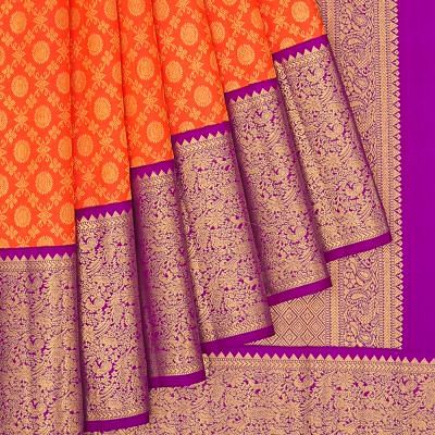 Kanchipuram Silk Criss Cross Checks And Butta Orange Saree