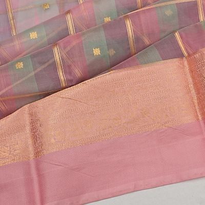 Kanchipuram Kora Organza Checks And Butta Baby Pink Saree