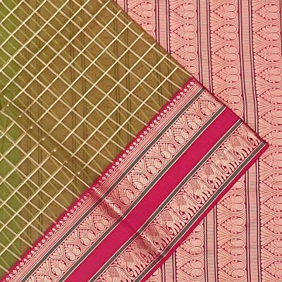 Kanchipuram Kora Organza Checks Mehandi Green Saree