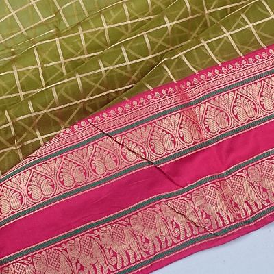 Kanchipuram Kora Organza Checks Mehandi Green Saree