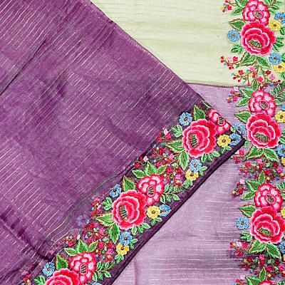 Organza Horizontal Lines Half And Half Cream And Purple Saree