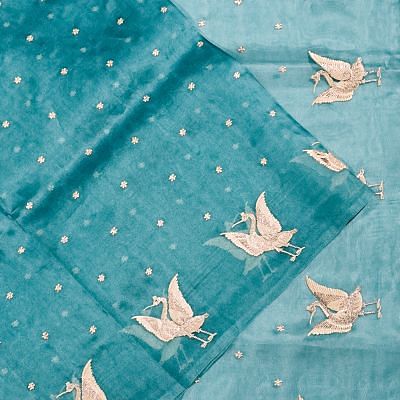 Organza Embroidery Butta Sea Blue Saree