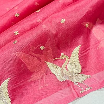 Organza Embroidery Butta Pink Saree