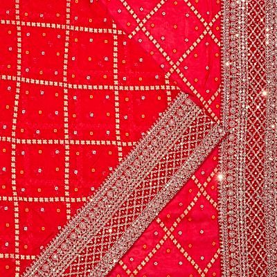 Georgette Criss Cross Checks Red Saree With Bandhani Inspired Pattern And Sequin Work