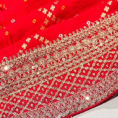 Georgette Criss Cross Checks Red Saree With Bandhani Inspired Pattern And Sequin Work