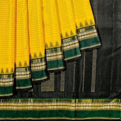 Traditional Kanchipuram Silk Oosi Lines Yellow Saree