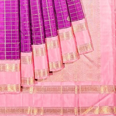 Classic Kanchipuram Silk Checks And Butta Purple Saree