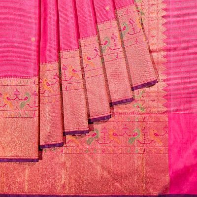 Kanchipuram Silk Oosi Lines And Butta Rani Pink Saree