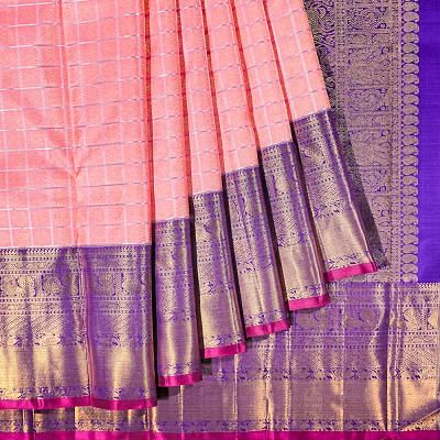 Kanchipuram Silk Checks And Butta Pink Saree