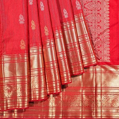 Kanchipuram Silk Checks And Butta Red Saree