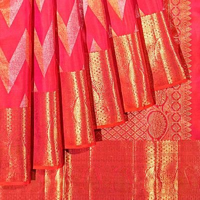 Kanchipuram Silk Zig Zag Lines Dual Tone Red And Pink Saree