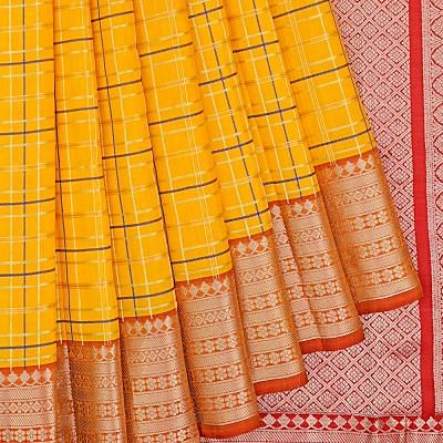 Kanchipuram Silk Checks Yellow Saree