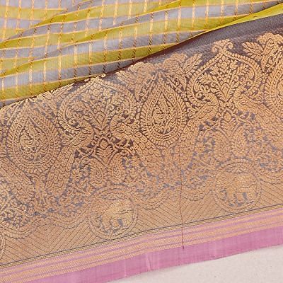 Coimbatore Silk Checks Grey And Green Saree