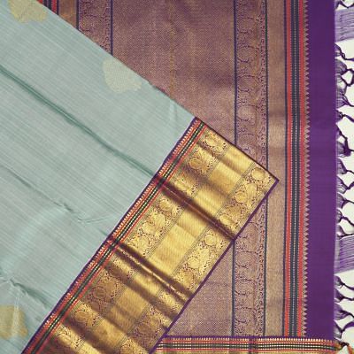 Kanchipuram Silk Vertical Lines And Butta Greyish Blue Saree