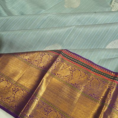 Kanchipuram Silk Vertical Lines And Butta Greyish Blue Saree