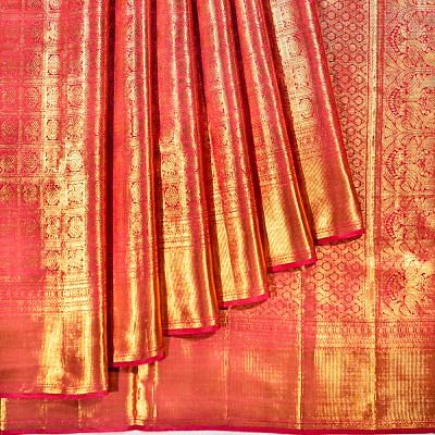 Kanchipuram Silk Checks And Butta Redish Pink Saree