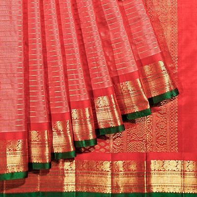 Kanchipuram Silk Horizontal Lines Red Saree