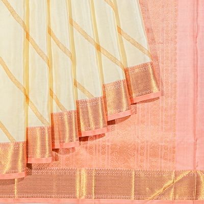 Classic Kanchipuram Silk Diagonal Lines Cream Saree