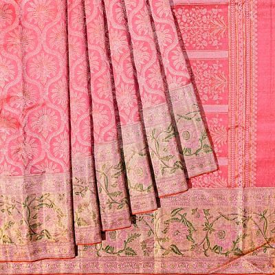 Kanchipuram Silk Brocade Dual Tone Pink And Orange Saree