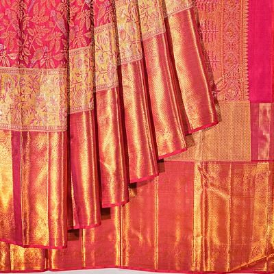 Kanchipuram Silk Brocade Dual Tone Pink And Orange Saree